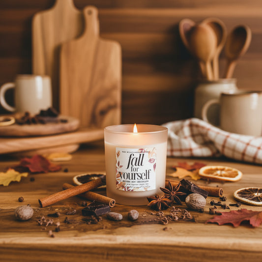 Fall for Yourself non-toxic candle with spiced hot chocolate scent in recycled glass vessel. Handmade coconut apricot crème wax candle with wood wick.