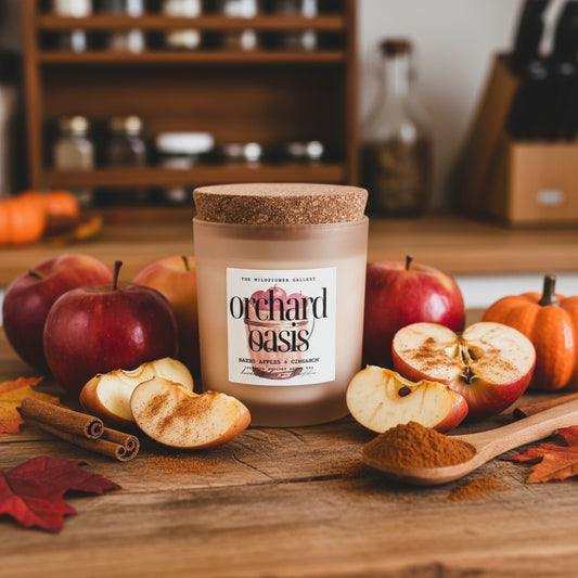 Handcrafted non-toxic coconut apricot crème wax candle with baked apples and cinnamon scent in recycled glass jar by The Wildflower Gallery.