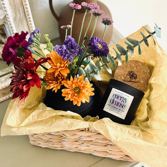 Handcrafted Bloom Basket with mini vase of fresh flowers, eco-friendly candle, and personalized gift items – perfect for birthdays, anniversaries, or housewarmings