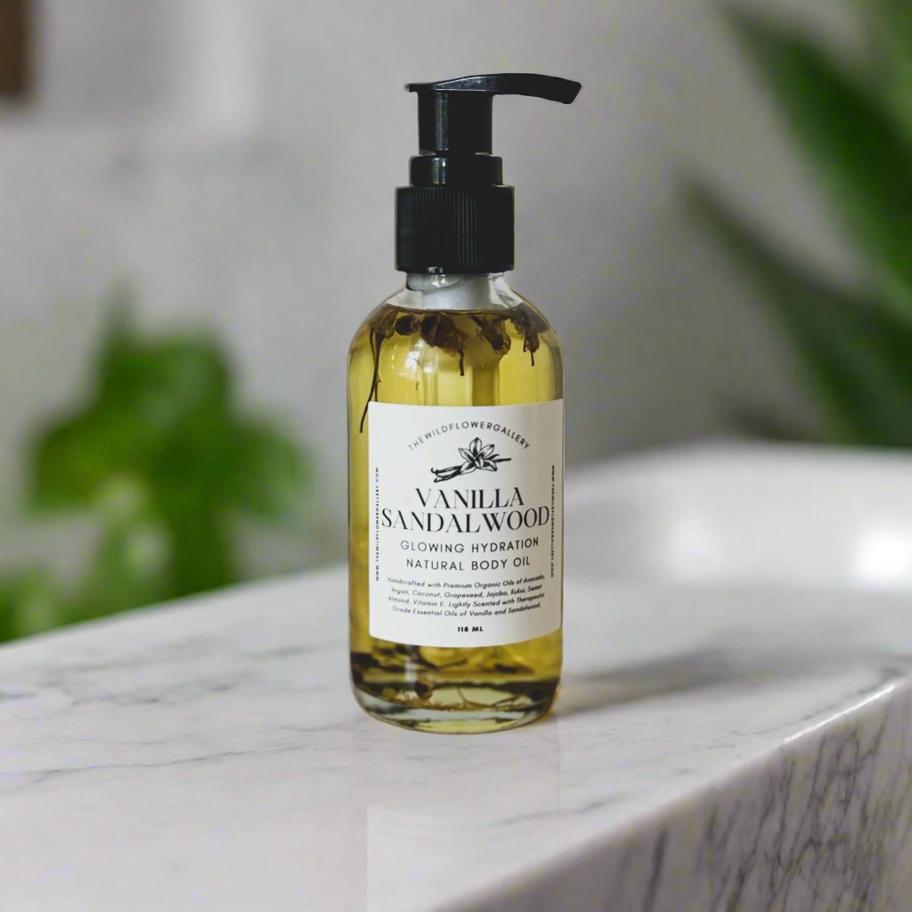 Glowing Hydration Body Oil on a spa-like vanity setup – luxurious, natural body moisturizer for daily self-care and soft, glowing skin