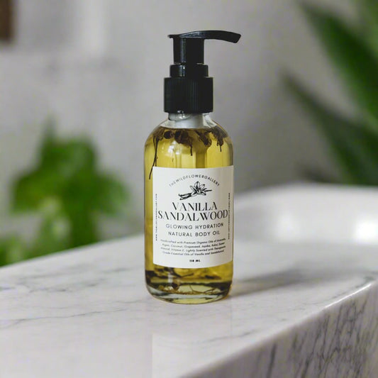 Glowing Hydration Body Oil on a spa-like vanity setup – luxurious, natural body moisturizer for daily self-care and soft, glowing skin