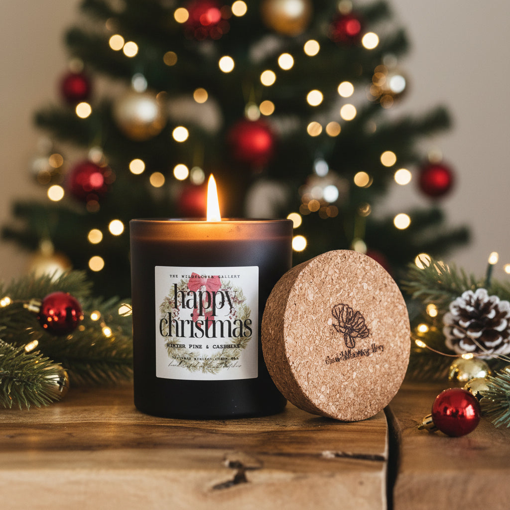 Happy Christmas holiday candle in black matte recycled glass jar – winter pine and cashmere scent