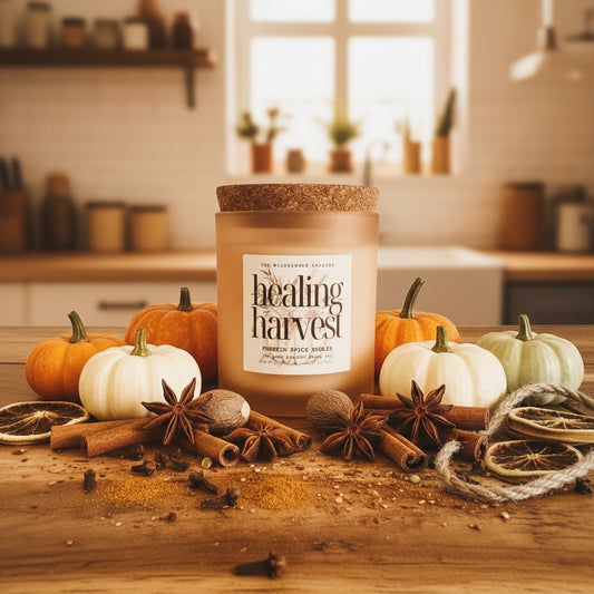 Healing Harvest eco-luxury candle scented with pumpkin spice brûlée. Hand-poured in small batches with coconut apricot crème wax and wood wick.