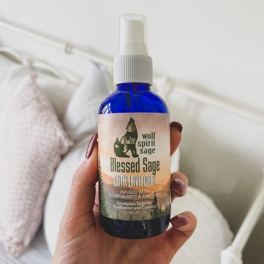 4oz eco-friendly glass bottle of spiritual cleansing spray – handcrafted blend with lavender, sage, and eucalyptus essential oils for purification.