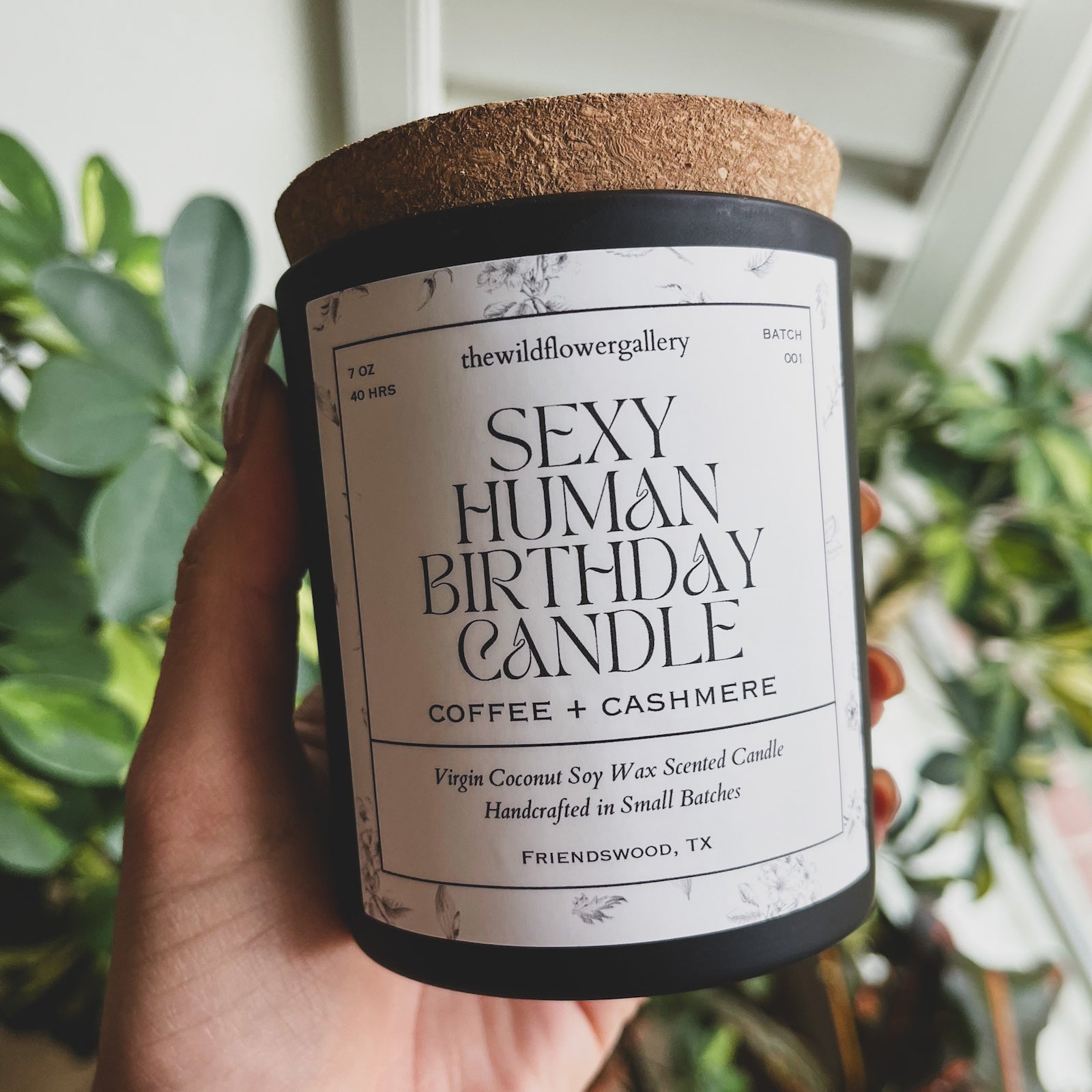 sexy human birthday candle with coconut wax and wooden wick and responsibly sourced cork lid
