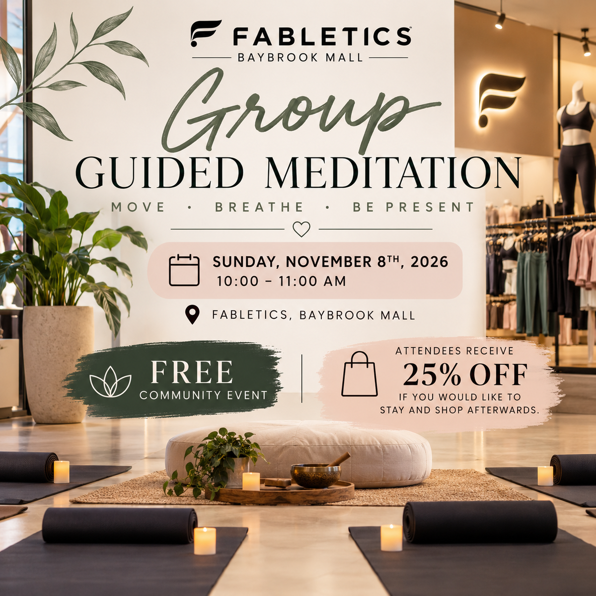 November Group Guided Meditation in Friendswood TX at Fabletics Baybrook Mall
