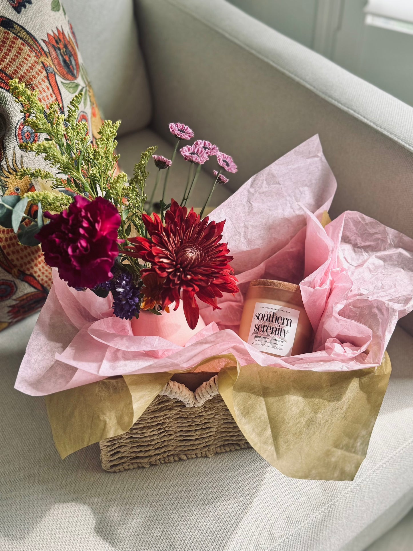 curated gift basket with flowers and candles friendswood, texas