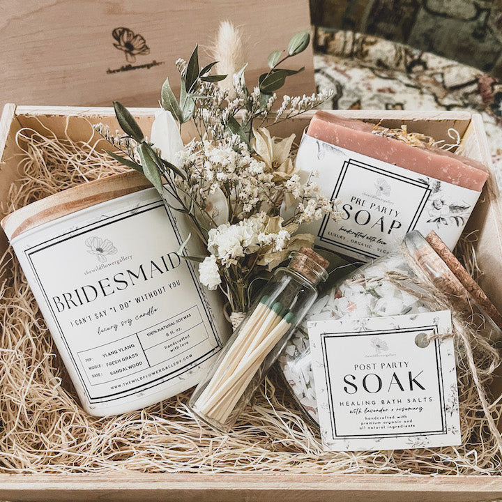 handcrafted custom bridal gift boxes with bridal proposal candle, soap and detoxifying bath salts