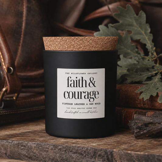 Faith & Courage - Vintage Leather & Oak Wood Candle | Deep, Bold Aromatherapy for Strength & Presence
