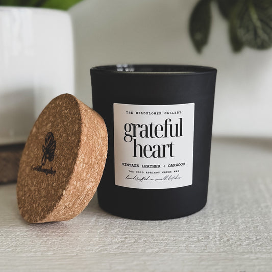 vintage leather and oak wood scented luxury candle with non-toxic fragrance oil and eco-friendly wax, vessels and wood wick