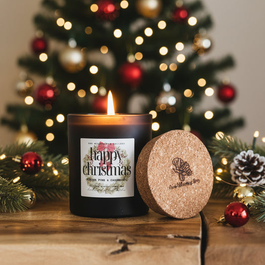 Happy Christmas holiday candle in black matte recycled glass jar – winter pine and cashmere scent