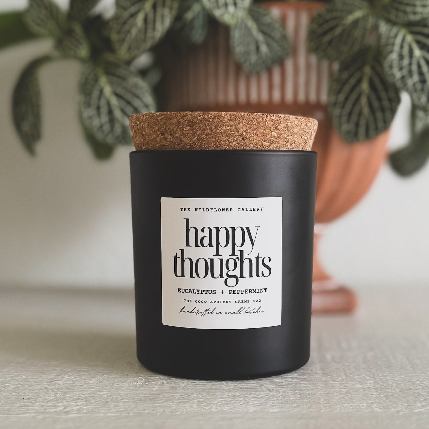 happy thoughts luxury candle scented with eucalyptus and peppermint, non-toxic and eco-friendly candles