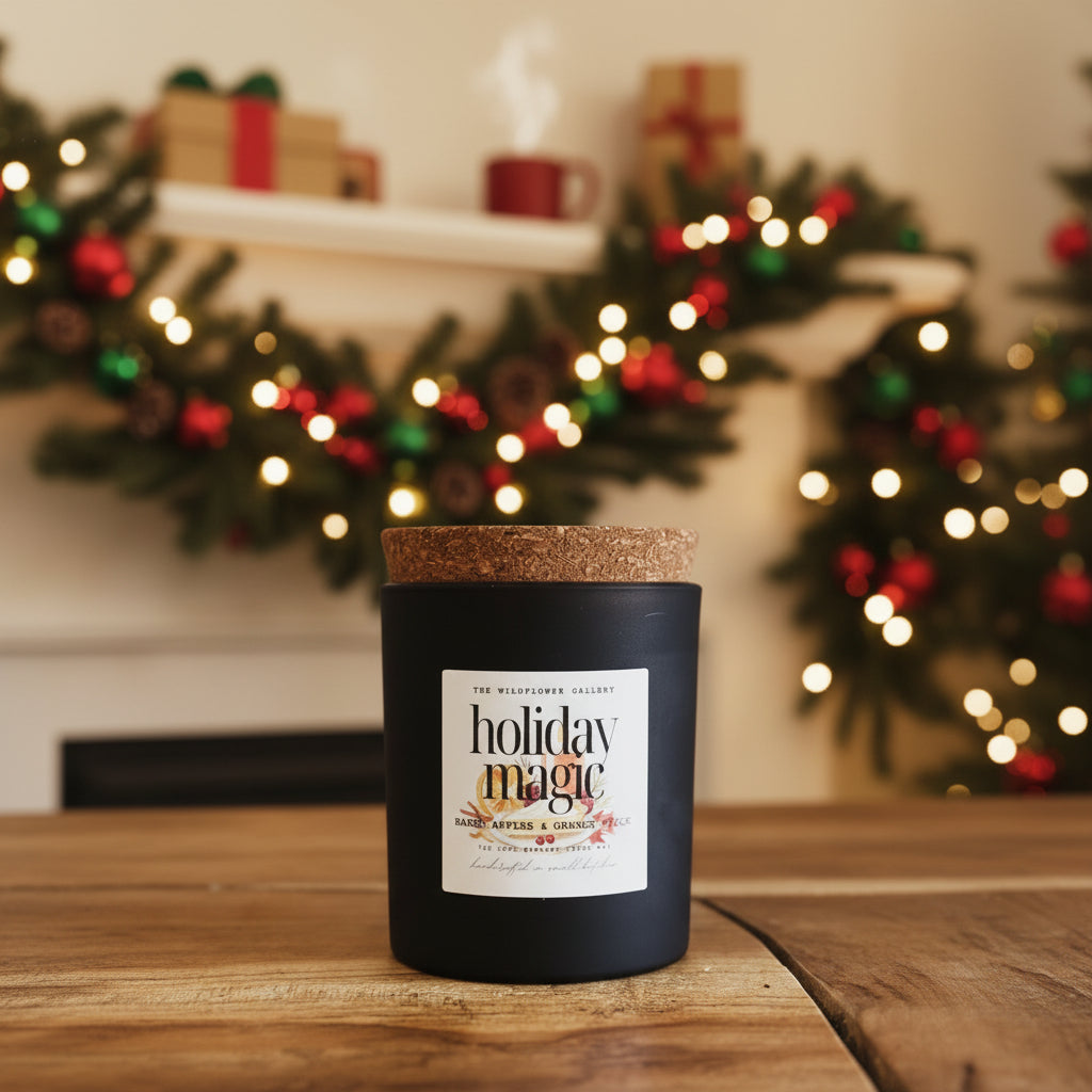 Festive seasonal candle scented with baked apples, orange spice, and cinnamon