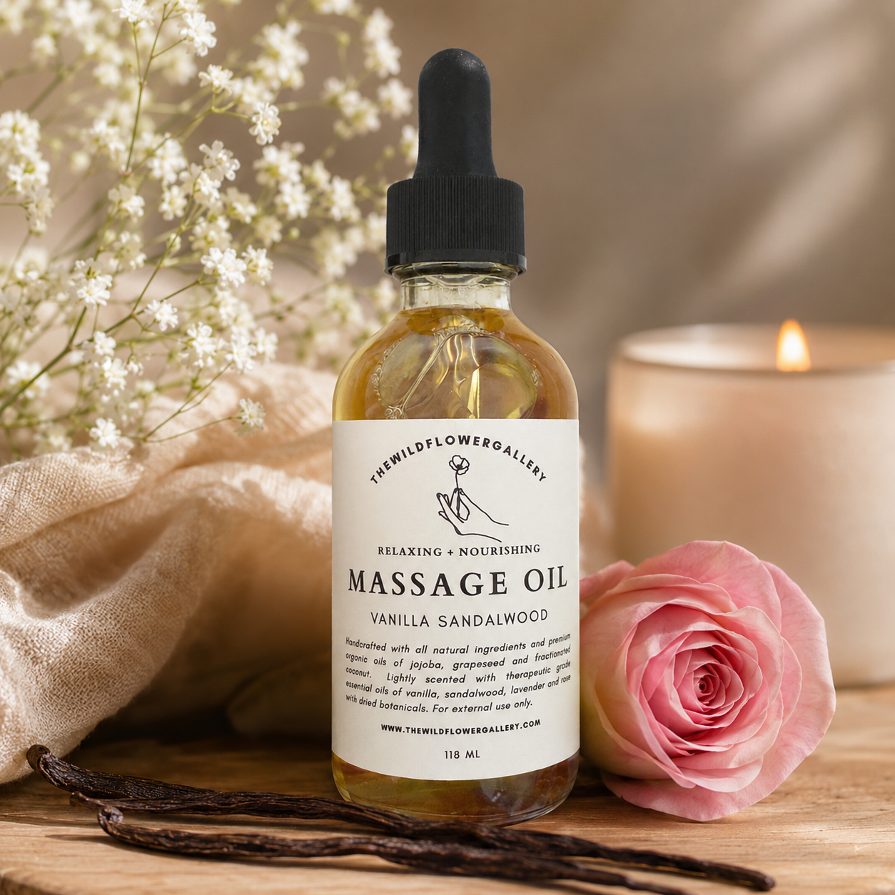 Vanilla Sandalwood Luxury Massage Oil | Organic Jojoba & Grapeseed Body Oil