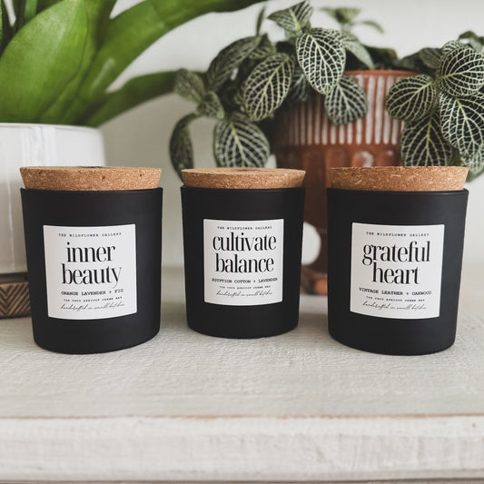 the wildflower gallery non-toxic and eco-friendly candle collection with coconut wax and wood wicks