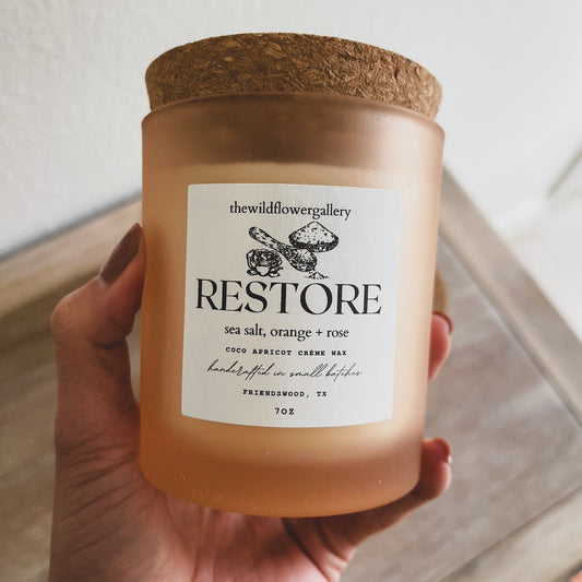restorative spa candle with sea salt, orange and rose handcrafted candle