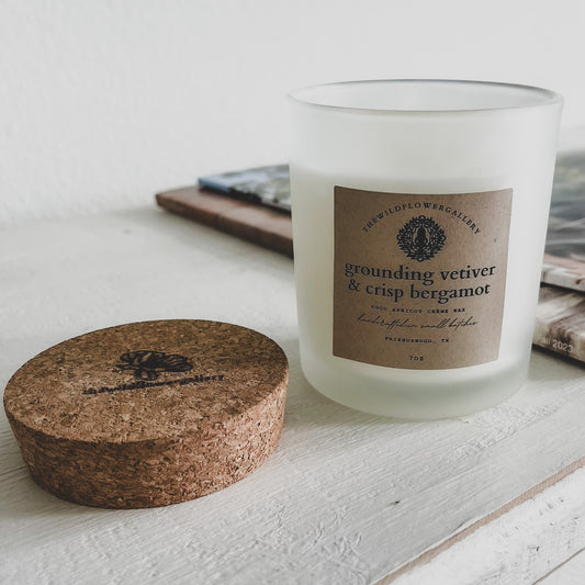 handcrafted grounding candle with vetiver and bergamot