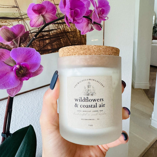 hand poured summer inspired luxury candle scented with wildflowers and sea salt